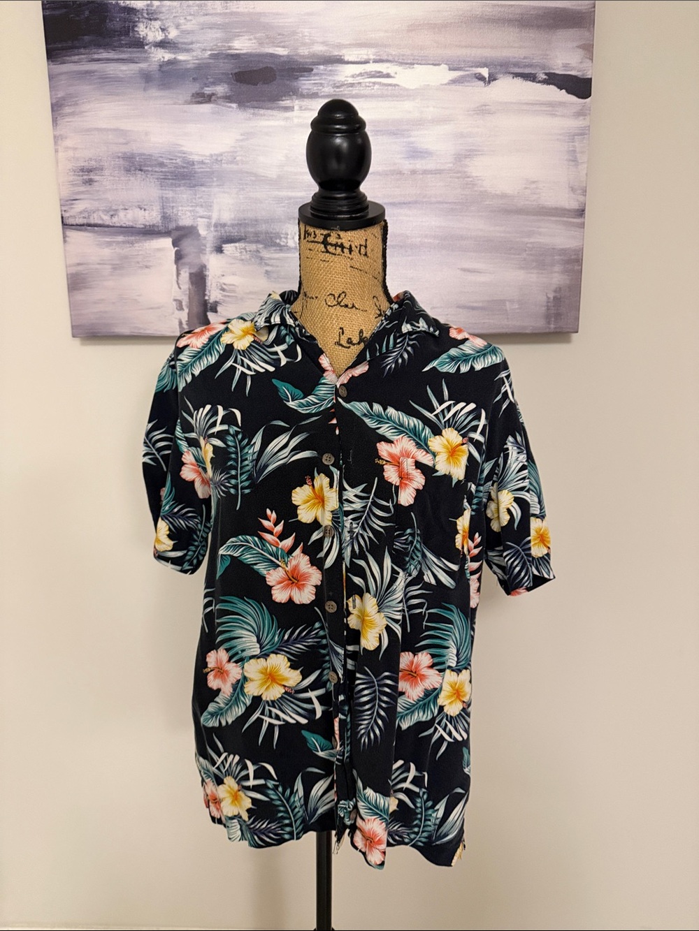 George Black Short-Sleeve Tropical Floral Button-Down Shirt